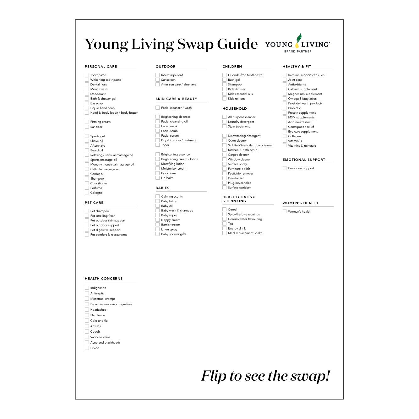 Young Living Swap Guide checklist booklet listing product categories
