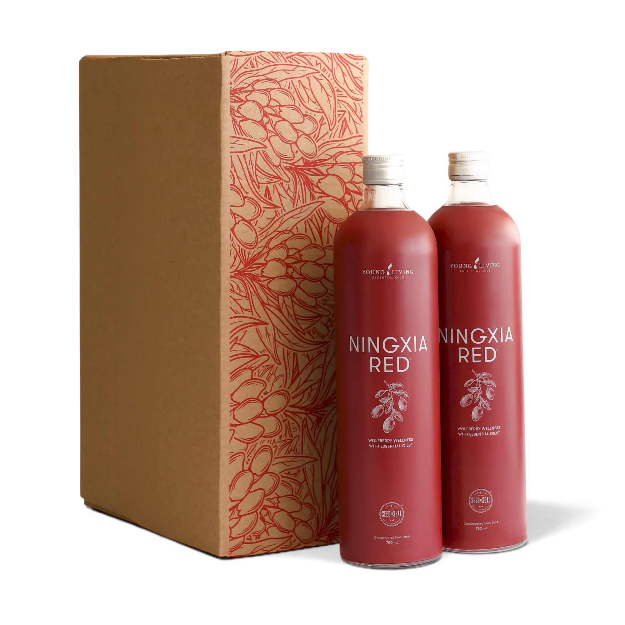 Two NingXia Red bottles beside a patterned gift carton